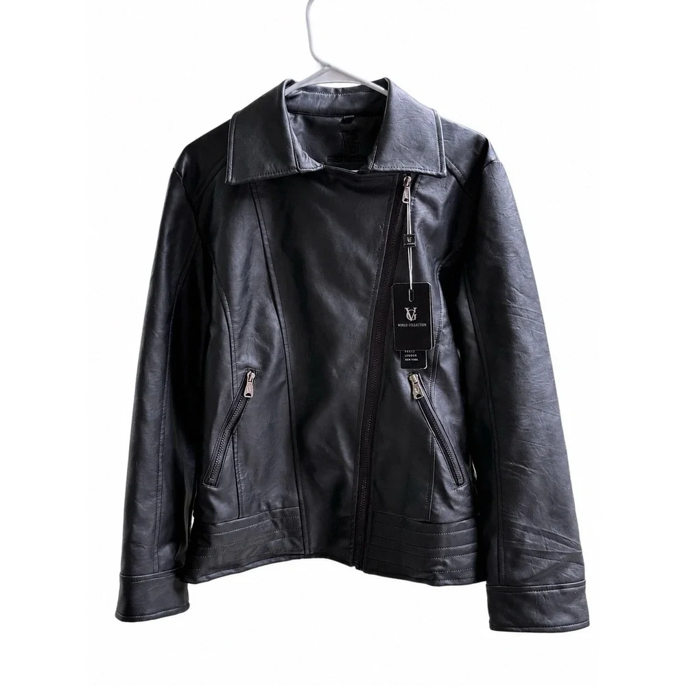 World Collection Black Moto Mixer Jacket W Size L Made In Italy VG Zip NWT